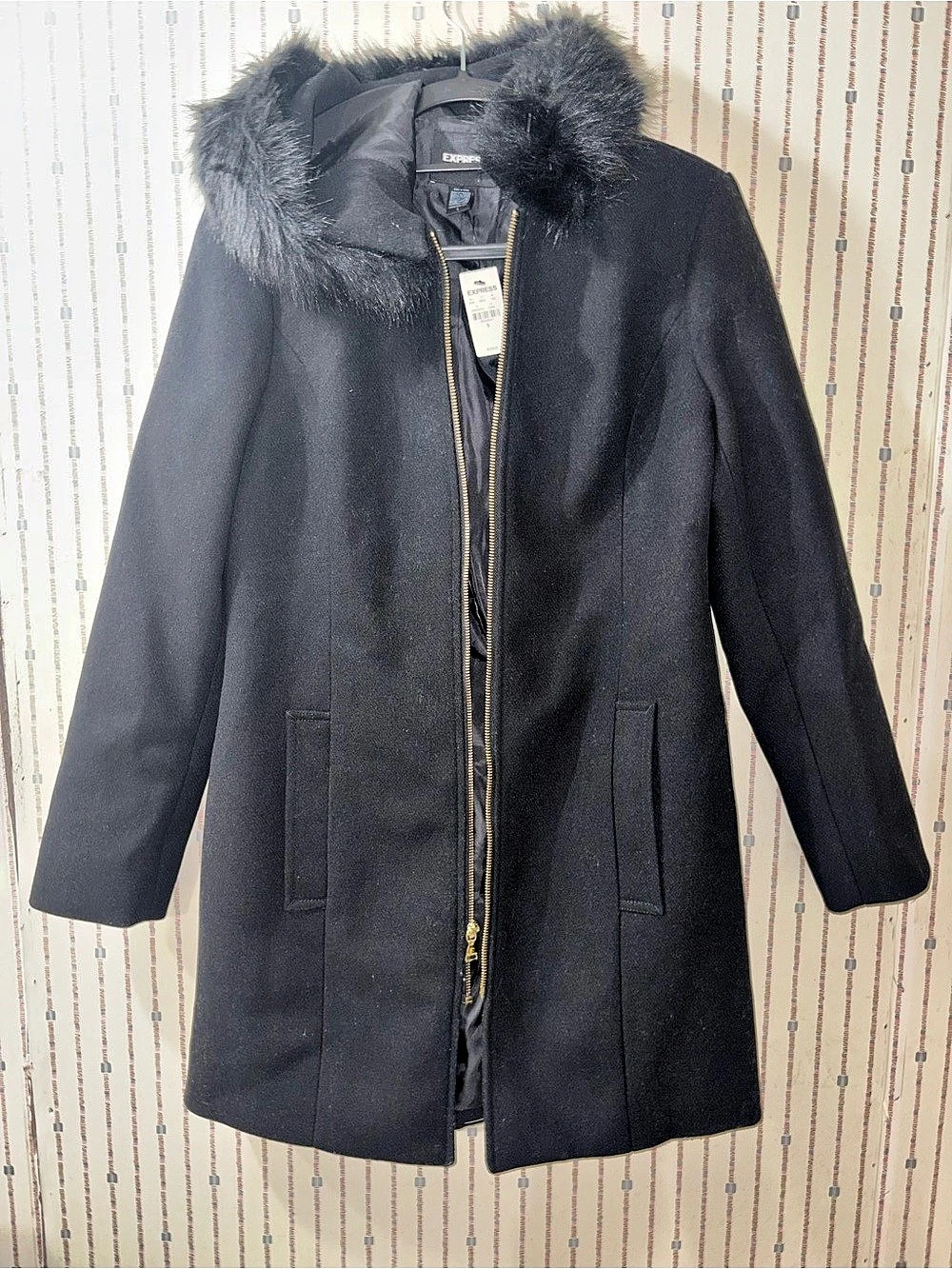 Express Faux Fur Hooded Coat in Black Size Small NWT